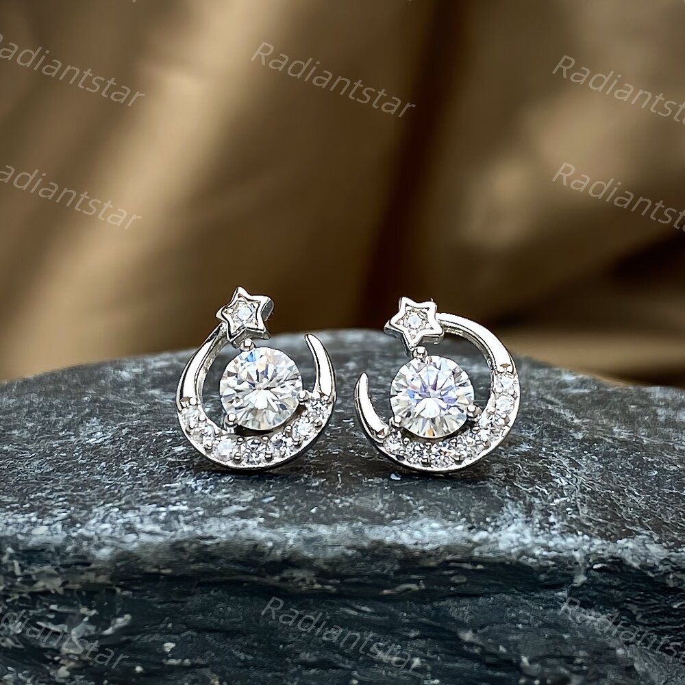 NEW Certified 1ct. t.w. Moissanite Moon Star Stud Earrings